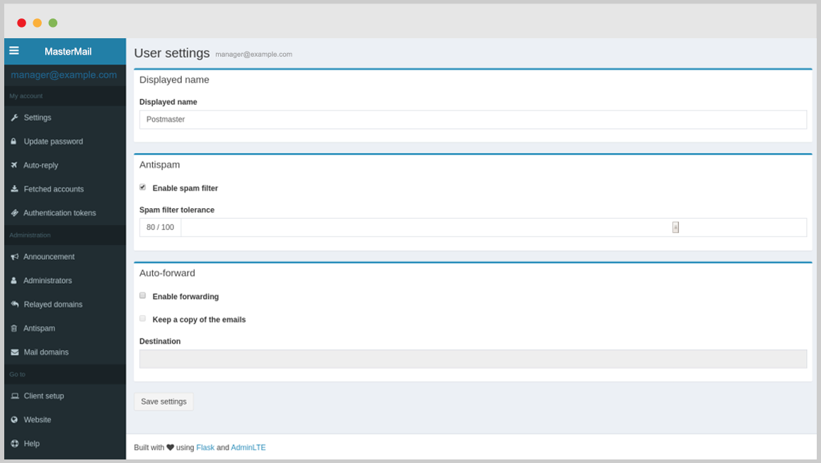 Pannello MasterMail per la gestione del server di posta dedicato